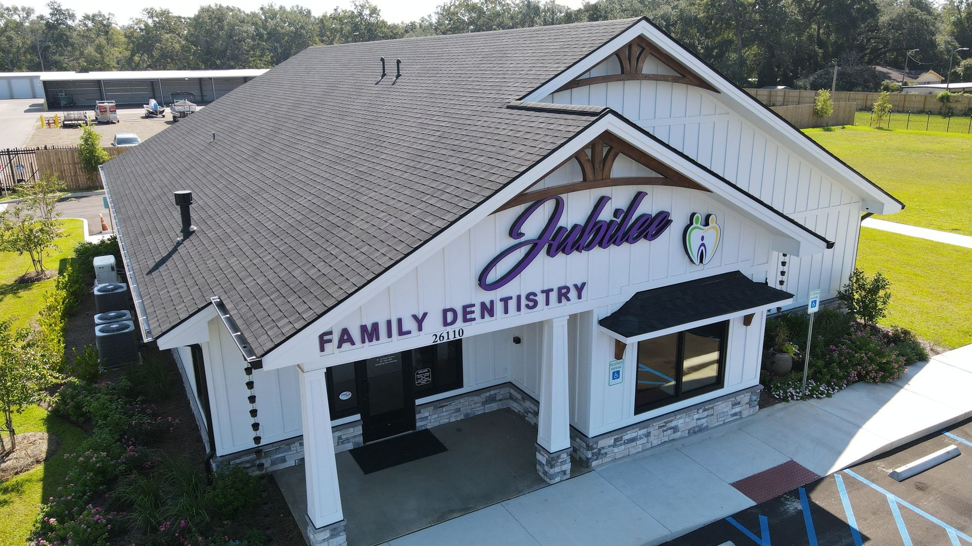 Commercial office building with a new shingle roof